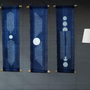 藍染麻タペストリー 丸紋3作